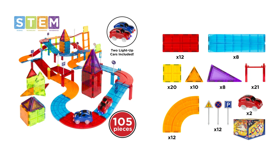 Great Price 105 Piece Kids Magnetic Tile Car Race Track Set With 2 Cars